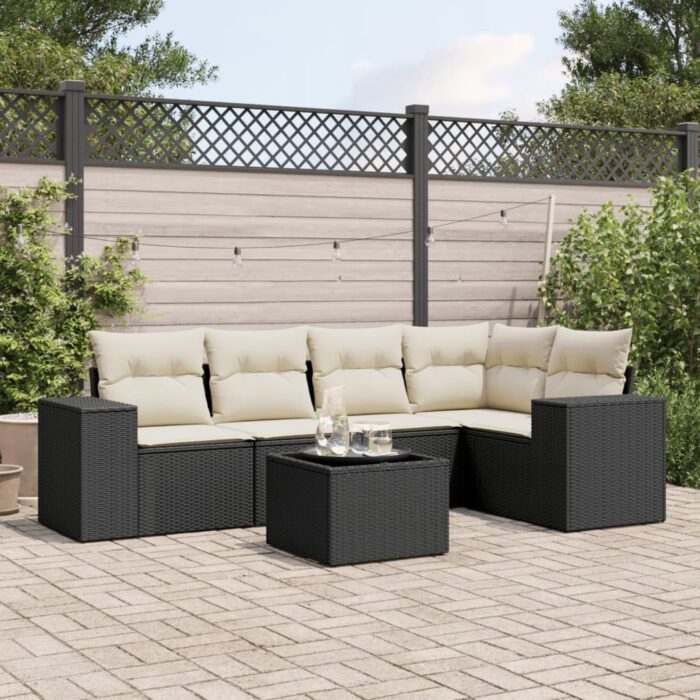 Salon de jardin 6 pcs avec coussins noir résine tressée – Image 1