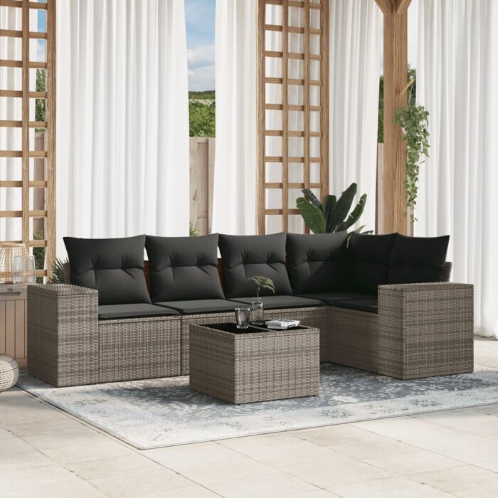 Salon de jardin 6 pcs avec coussins gris résine tressée – Image 1