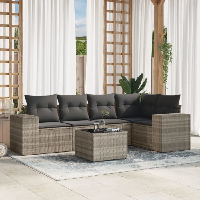 Salon de jardin 6 pcs avec coussins gris clair résine tressée – Image 1