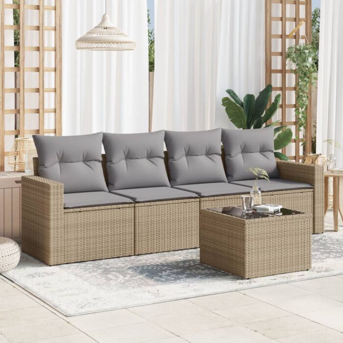 Salon de jardin avec coussins 5 pcs beige résine tressée – Image 1