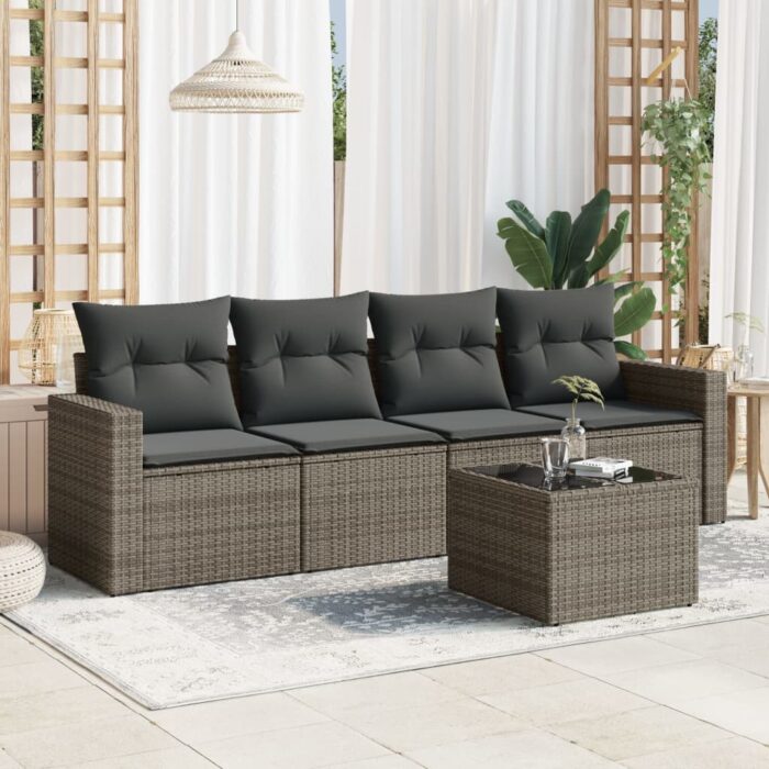 Salon de jardin 5 pcs avec coussins gris résine tressée – Image 1
