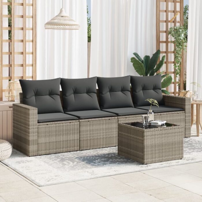 Salon de jardin 5 pcs avec coussins gris clair résine tressée – Image 1