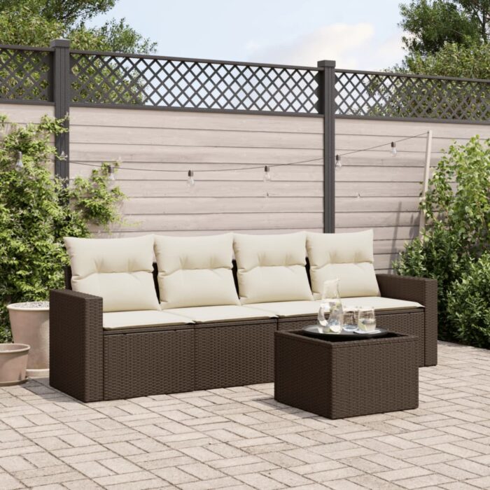 Salon de jardin avec coussins 5 pcs marron résine tressée – Image 1