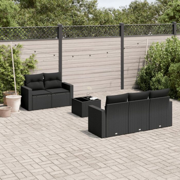 Salon de jardin 6 pcs avec coussins noir résine tressée – Image 1