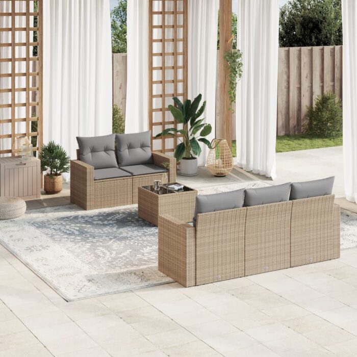Salon de jardin avec coussins 6 pcs beige résine tressée – Image 1
