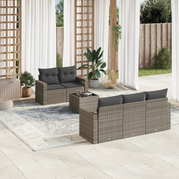 Salon de jardin 6 pcs avec coussins gris résine tressée – Image 1