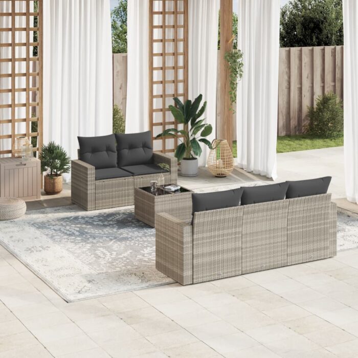Salon de jardin 6 pcs avec coussins gris clair résine tressée – Image 1
