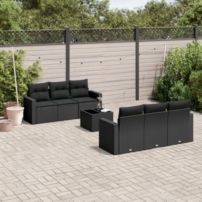 Salon de jardin 7 pcs avec coussins noir résine tressée – Image 1