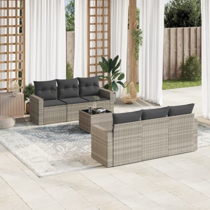 Salon de jardin avec coussins 7 pcs gris clair résine tressée – Image 1