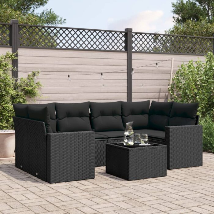 Salon de jardin 7 pcs avec coussins noir résine tressée – Image 1