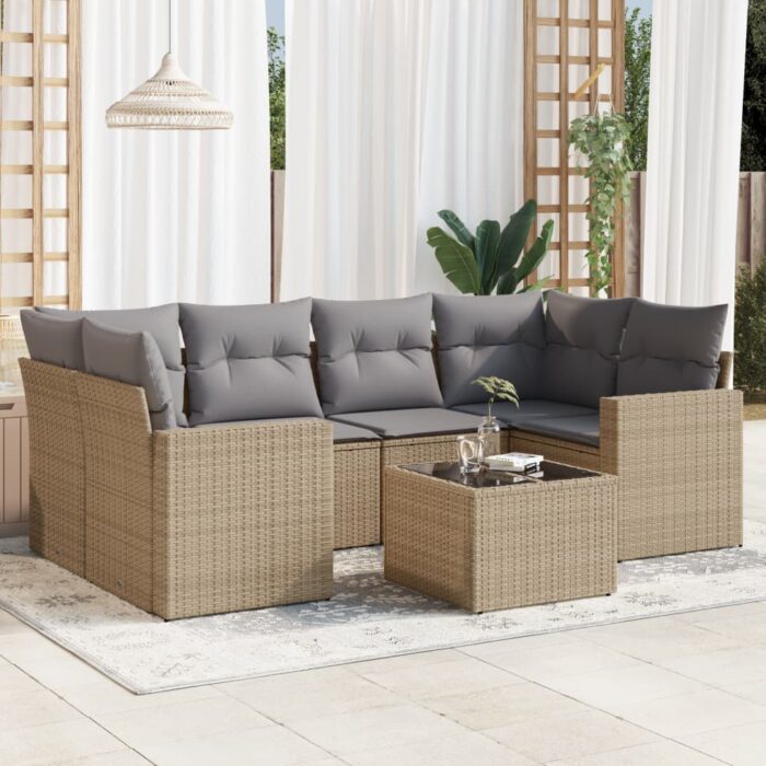 Salon de jardin avec coussins 7 pcs beige résine tressée – Image 1