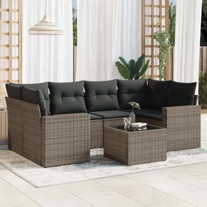 Salon de jardin avec coussins 7 pcs gris résine tressée – Image 1