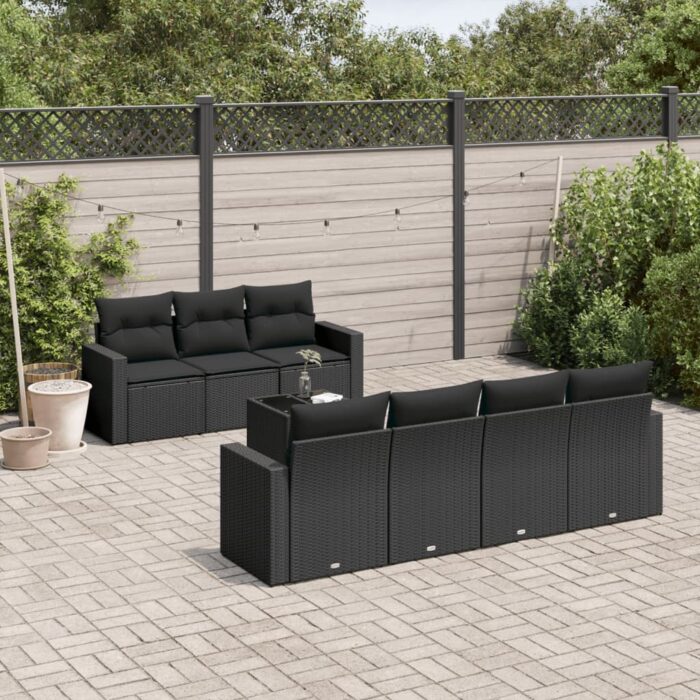Salon de jardin 8 pcs avec coussins noir résine tressée – Image 1