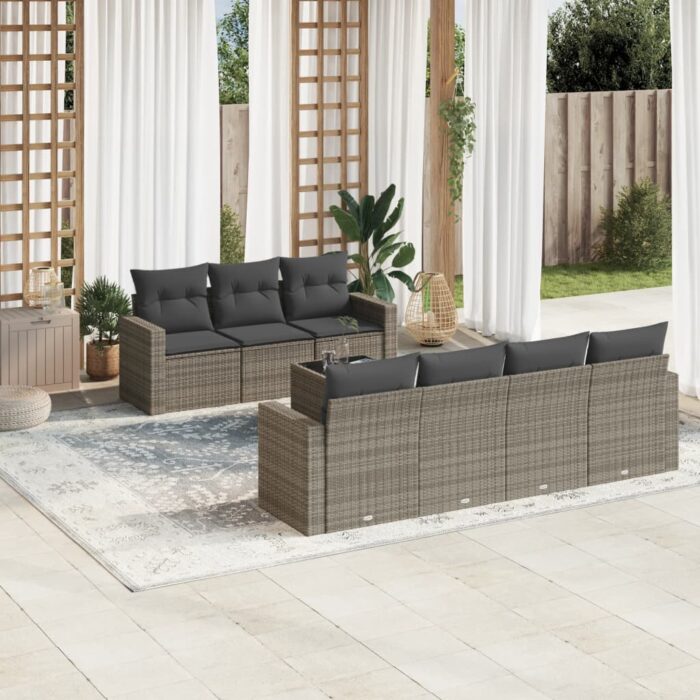 Salon de jardin 8 pcs avec coussins gris résine tressée – Image 1