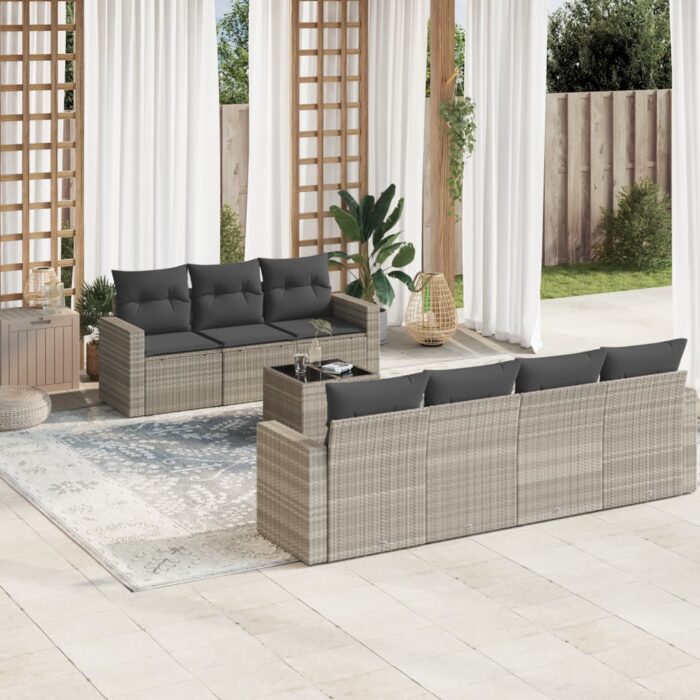 Salon de jardin 8 pcs avec coussins gris clair résine tressée – Image 1