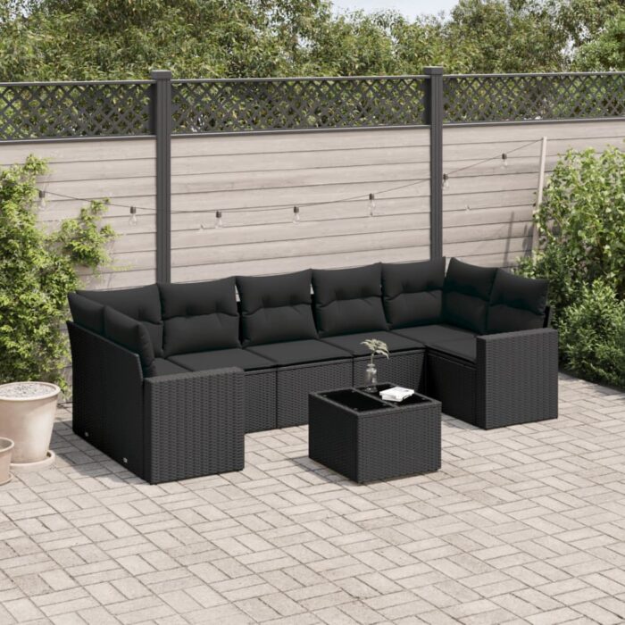 Salon de jardin 8 pcs avec coussins noir résine tressée – Image 1