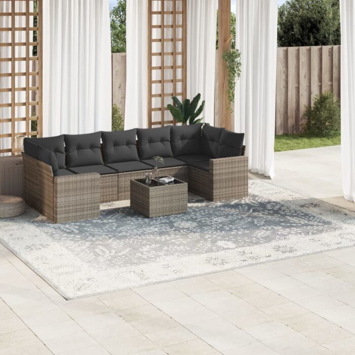 Salon de jardin 8 pcs avec coussins gris résine tressée – Image 1