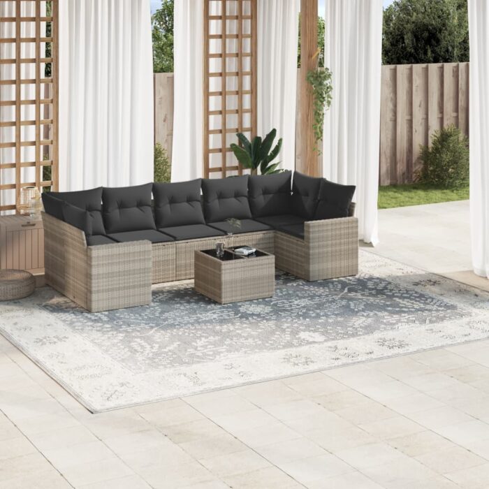 Salon de jardin 8 pcs avec coussins gris clair résine tressée – Image 1