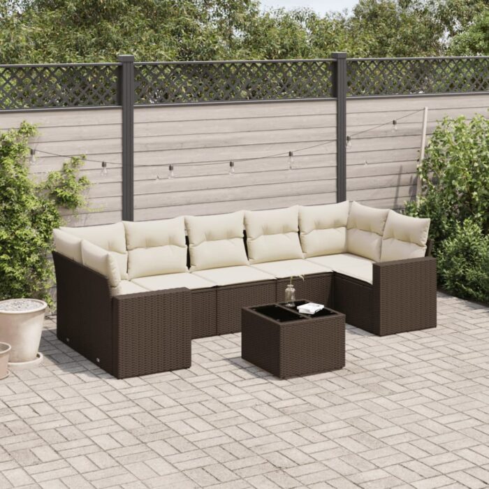 Salon de jardin 8 pcs avec coussins marron résine tressée – Image 1