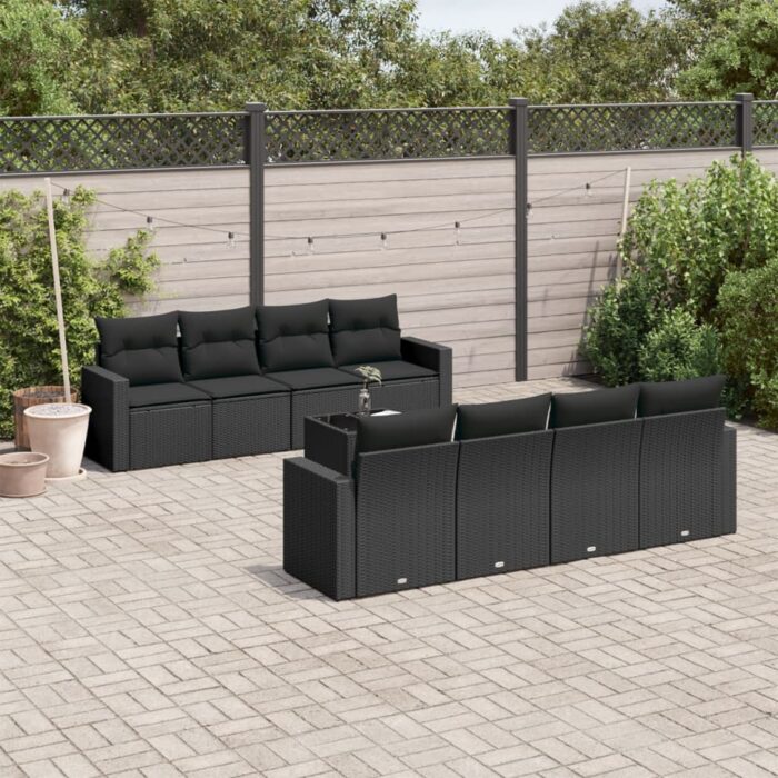 Salon de jardin 9 pcs avec coussins noir résine tressée – Image 1