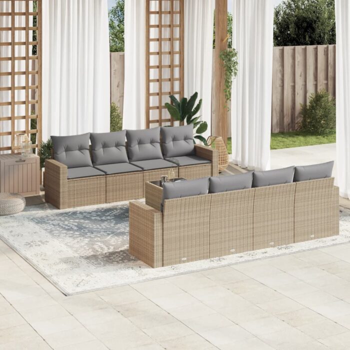 Salon de jardin avec coussins 9 pcs beige résine tressée – Image 1