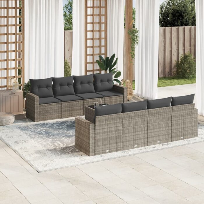 Salon de jardin 9 pcs avec coussins gris résine tressée – Image 1