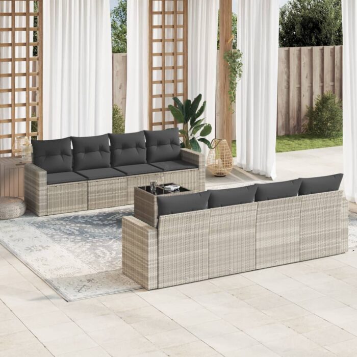 Salon de jardin 9 pcs avec coussins gris clair résine tressée – Image 1