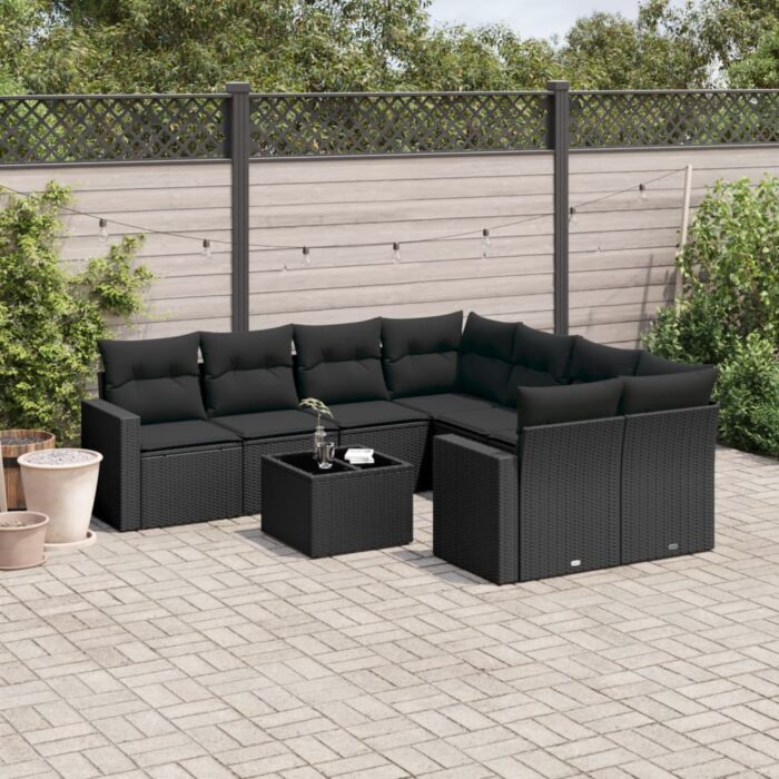 Salon de jardin 9 pcs avec coussins noir résine tressée – Image 1
