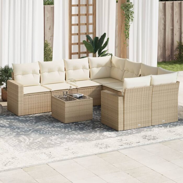 Salon de jardin avec coussins 9 pcs beige résine tressée – Image 1