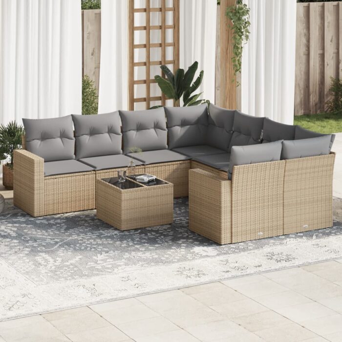 Salon de jardin avec coussins 9 pcs beige résine tressée – Image 1