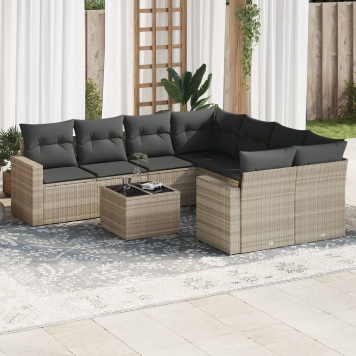 Salon de jardin 9 pcs avec coussins gris clair résine tressée – Image 1