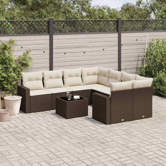 Salon de jardin avec coussins 9 pcs marron résine tressée – Image 1