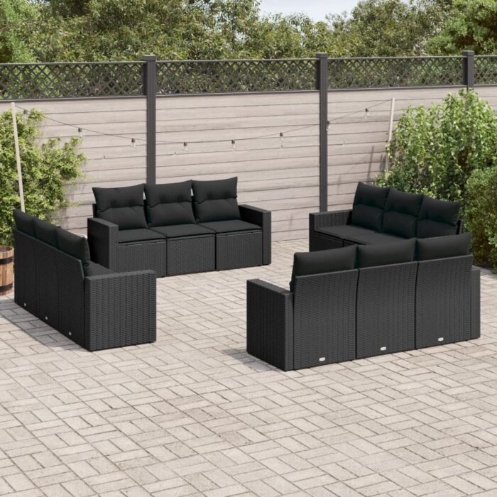 Salon de jardin 12 pcs avec coussins noir résine tressée – Image 1