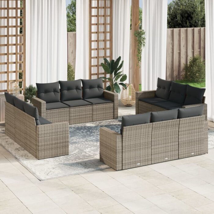 Salon de jardin avec coussins 12 pcs gris résine tressée – Image 1