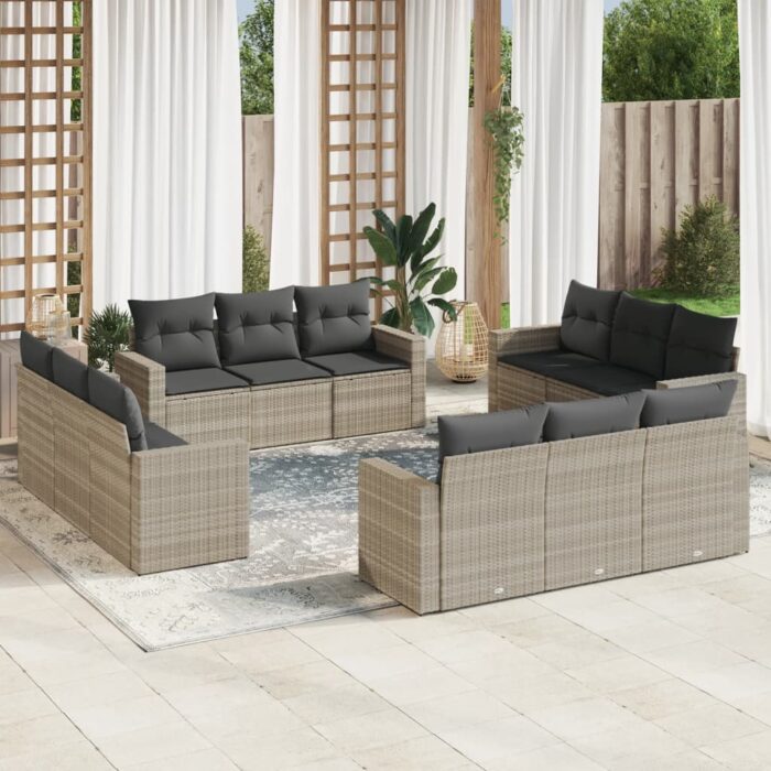 Salon de jardin avec coussins 12 pcs gris clair résine tressée – Image 1