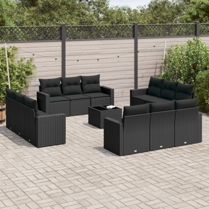 Salon de jardin avec coussins 13 pcs noir résine tressée – Image 1