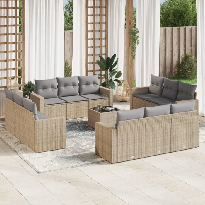 Salon de jardin avec coussins 13 pcs beige résine tressée – Image 1