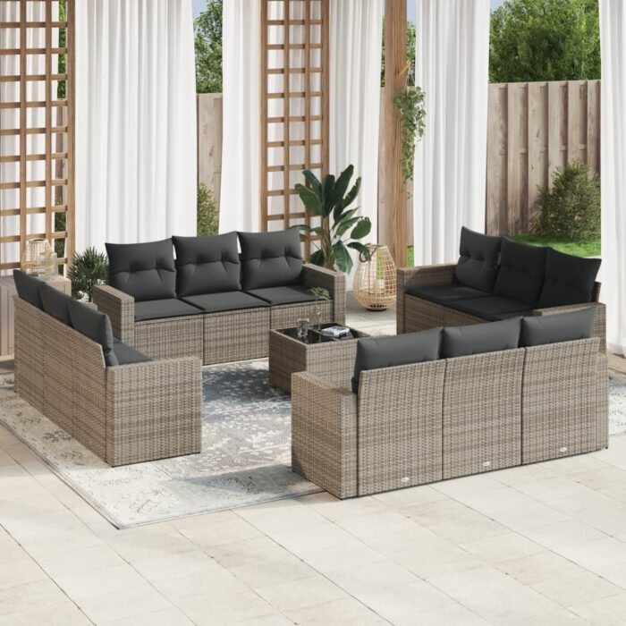 Salon de jardin avec coussins 13 pcs gris résine tressée – Image 1