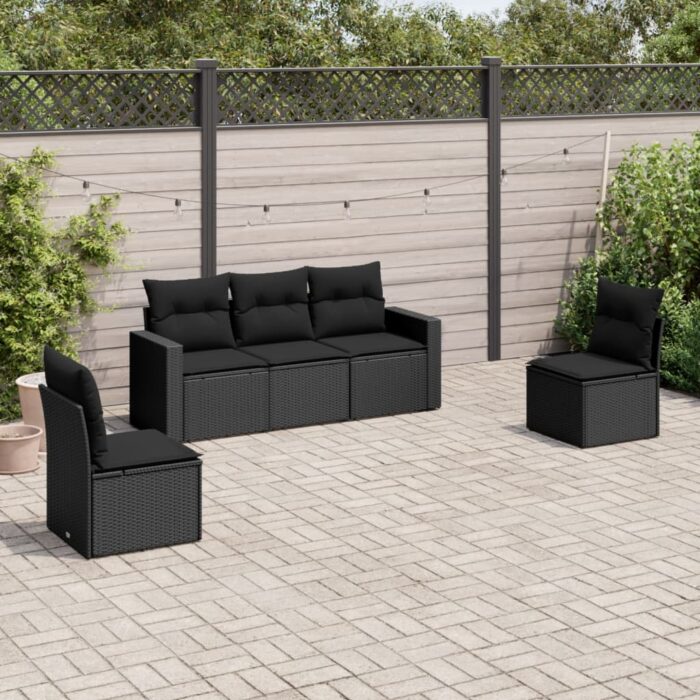 Salon de jardin 5 pcs avec coussins noir résine tressée – Image 1