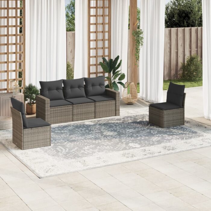 Salon de jardin 5 pcs avec coussins gris résine tressée – Image 1