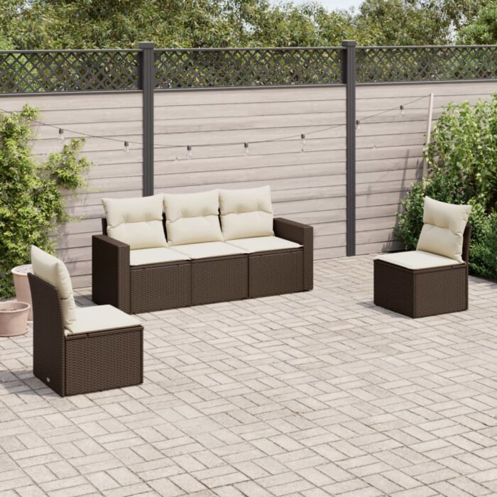 Salon de jardin avec coussins 5 pcs marron résine tressée – Image 1