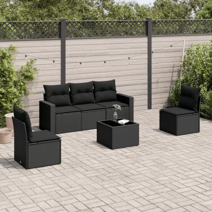 Salon de jardin 6 pcs avec coussins noir résine tressée – Image 1