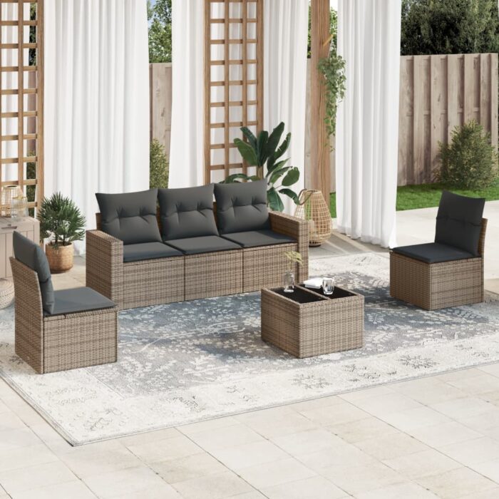 Salon de jardin 6 pcs avec coussins gris résine tressée – Image 1