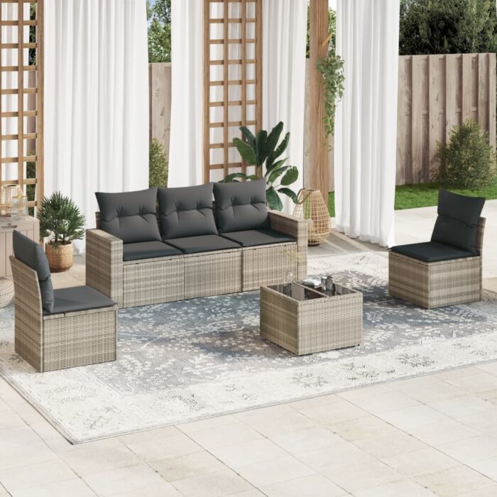 Salon de jardin 6 pcs avec coussins gris clair résine tressée – Image 1