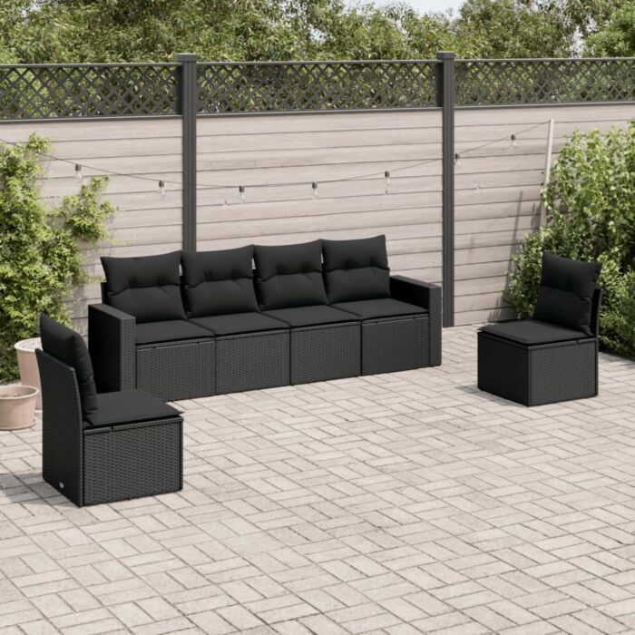 Salon de jardin 6 pcs avec coussins noir résine tressée – Image 1