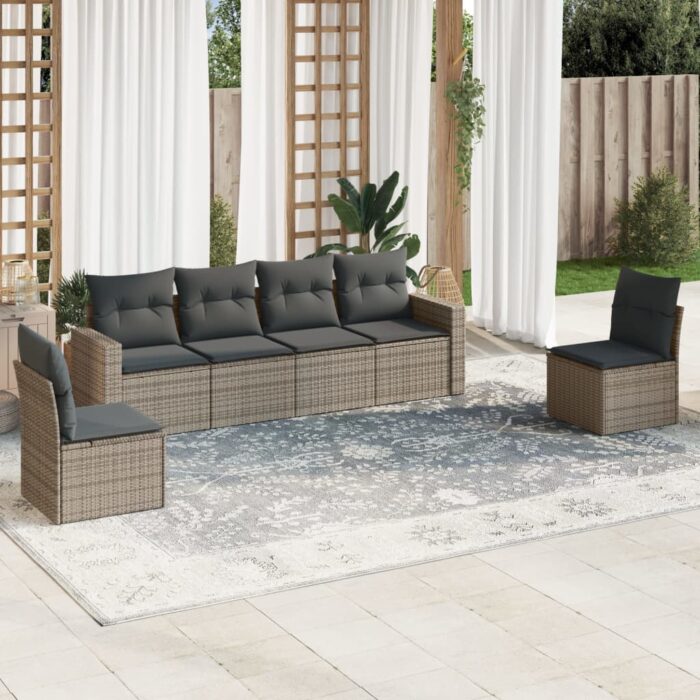 Salon de jardin 6 pcs avec coussins gris résine tressée – Image 1