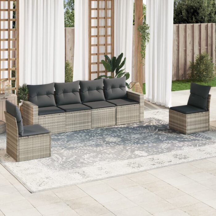 Salon de jardin 6 pcs avec coussins gris clair résine tressée – Image 1