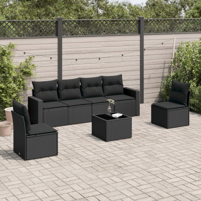 Salon de jardin 7 pcs avec coussins noir résine tressée – Image 1