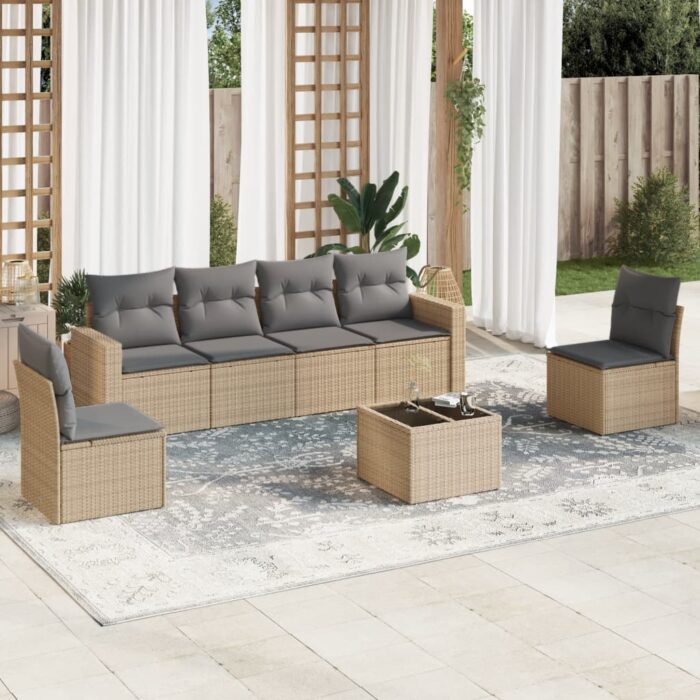 Salon de jardin avec coussins 7 pcs beige résine tressée – Image 1