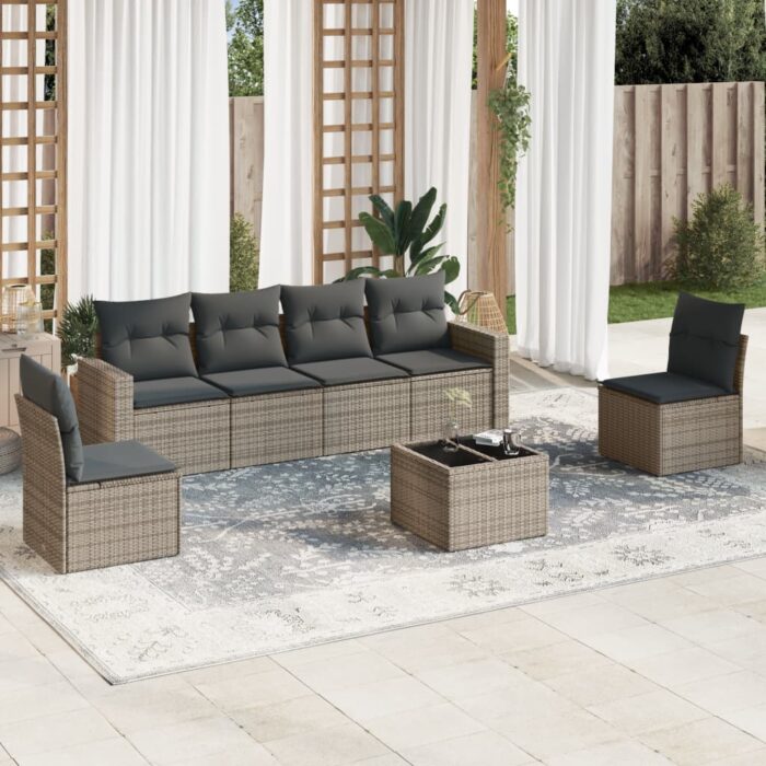 Salon de jardin avec coussins 7 pcs gris résine tressée – Image 1